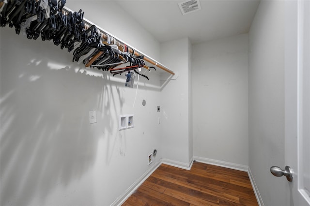 washroom with electric dryer hookup, wood-type flooring, hookup for a washing machine, and baseboards