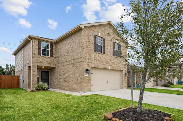 traditional-style home with a garage, concrete driveway, and brick siding