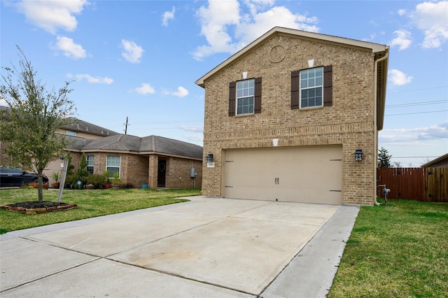 traditional-style house with brick siding, driveway, and an attached garage