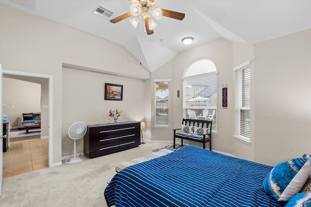 4603 Tamara Heights Ln, Sugar Land, TX 77479 - bedroom featuring carpet floors, lofted ceiling, baseboards, and a ceiling fan