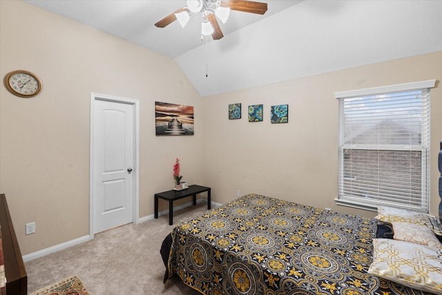 4603 Tamara Heights Ln, Sugar Land, TX 77479 - bedroom featuring vaulted ceiling, light colored carpet, baseboards, and ceiling fan