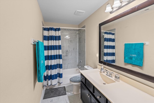 4603 Tamara Heights Ln, Sugar Land, TX 77479 - bathroom featuring toilet, marble look tile flooring, vanity, and shower / tub combo with curtain