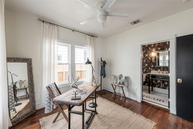 108 E 27th St, Houston, TX 77008 - office featuring a ceiling fan, dark wood-style flooring, and a sink