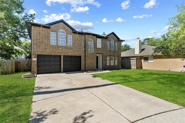 view of front of property featuring an attached garage, brick siding, driveway, and a chimney