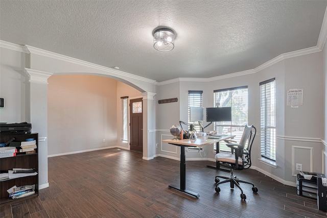 2202 Megellan Point Ln, Pearland, TX 77584 - office space featuring arched walkways, decorative columns, healthy amount of natural light, a textured ceiling, and crown molding