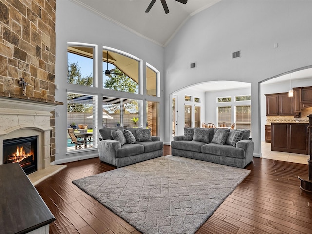 913 Ember Hills Ln, Friendswood, TX 77546 - living area with ornamental molding, ceiling fan, arched walkways, high vaulted ceiling, and a high end fireplace