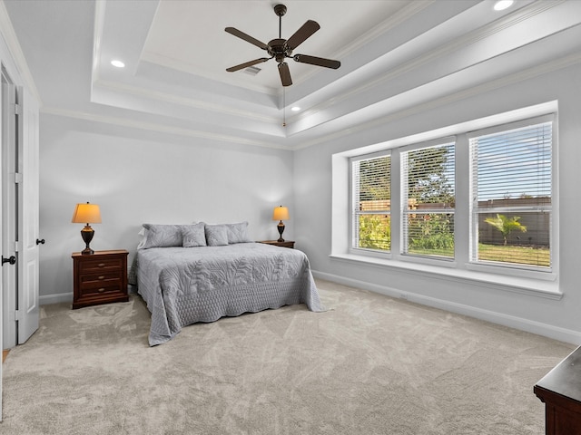 913 Ember Hills Ln, Friendswood, TX 77546 - carpeted bedroom with ornamental molding, baseboards, a tray ceiling, recessed lighting, and a ceiling fan