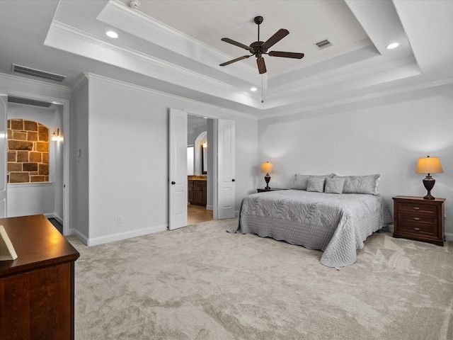 913 Ember Hills Ln, Friendswood, TX 77546 - bedroom with arched walkways, a raised ceiling, ornamental molding, carpet floors, and recessed lighting