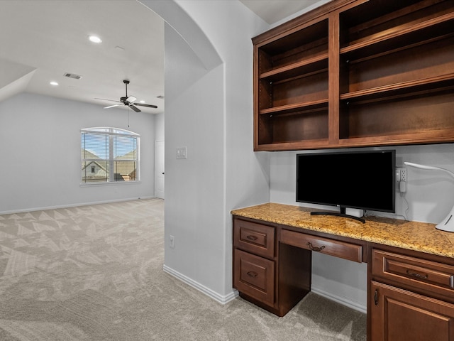 913 Ember Hills Ln, Friendswood, TX 77546 - unfurnished office with built in study area, light colored carpet, a ceiling fan, baseboards, and vaulted ceiling