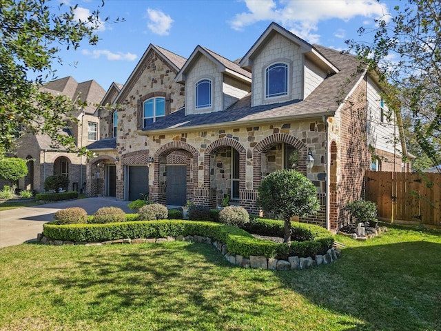 913 Ember Hills Ln, Friendswood, TX 77546 - view of front of house with driveway, stone siding, a porch, an attached garage, and brick siding