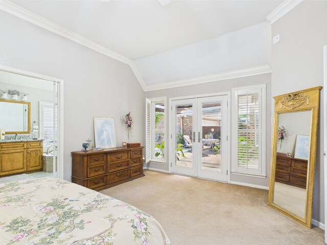 4210 Rock Springs Dr, Houston, TX 77345 - bedroom with access to outside, light carpet, ornamental molding, vaulted ceiling, and ensuite bath