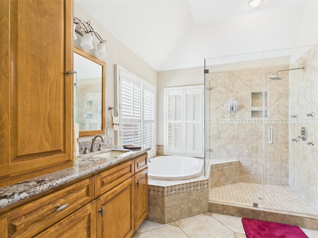 4210 Rock Springs Dr, Houston, TX 77345 - bathroom featuring a stall shower, tile patterned floors, a bath, lofted ceiling, and vanity