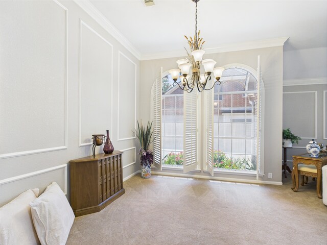 4210 Rock Springs Dr, Houston, TX 77345 - dining room with a chandelier, crown molding, carpet flooring, and a decorative wall