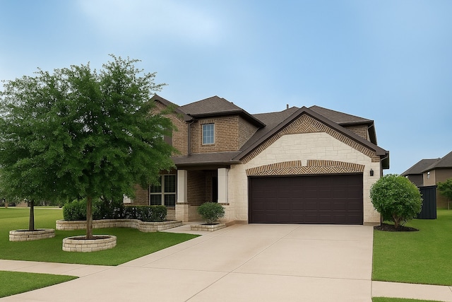 707 Fresh Sage Xing, Richmond, TX 77406 - craftsman house with stone siding, an attached garage, a front lawn, and driveway