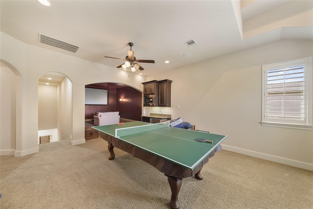 7106 Sentinel Fls, Missouri City, TX 77459 - recreation room featuring arched walkways, ceiling fan, light carpet, recessed lighting, and baseboards