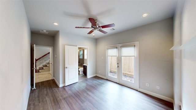 1913 Hickory St, Houston, TX 77007 - unfurnished bedroom featuring access to outside, french doors, wood finished floors, baseboards, and recessed lighting