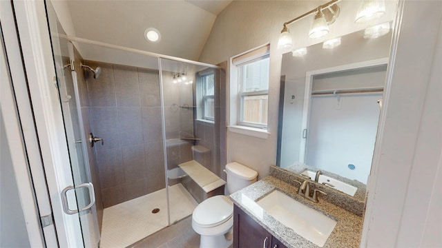 1913 Hickory St, Houston, TX 77007 - bathroom featuring a shower stall, lofted ceiling, toilet, and vanity