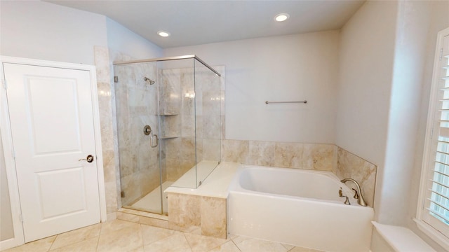 1913 Hickory St, Houston, TX 77007 - bathroom featuring a garden tub, a shower stall, tile patterned floors, and recessed lighting