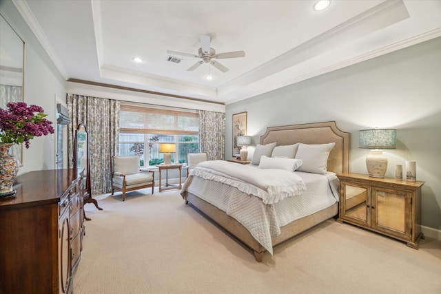 3923 Drake St, Houston, TX 77005 - bedroom with a raised ceiling, ornamental molding, light colored carpet, recessed lighting, and a ceiling fan