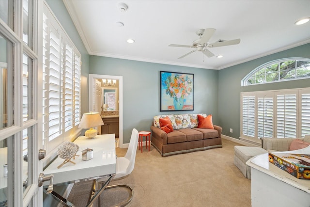 3923 Drake St, Houston, TX 77005 - living area with light colored carpet, baseboards, recessed lighting, ceiling fan, and crown molding