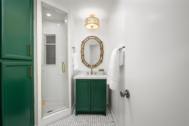 3803 Sunset Blvd, West University Place, TX 77005 - bathroom featuring a shower stall, baseboards, vanity, and recessed lighting