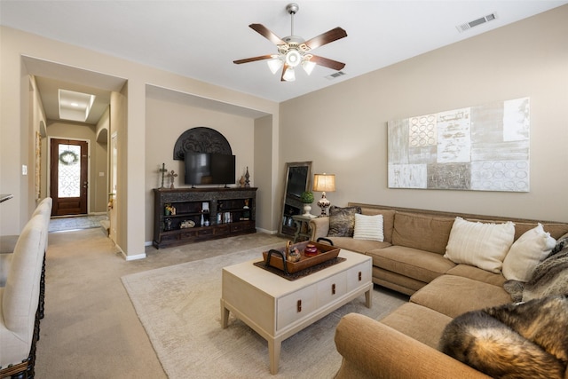 9135 Solvista Pass Ln, Houston, TX 77070 - living room with light colored carpet, ceiling fan, and baseboards