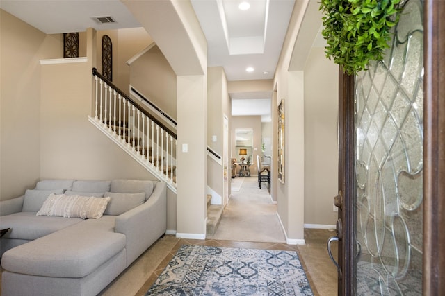 9135 Solvista Pass Ln, Houston, TX 77070 - entryway with light tile patterned flooring, recessed lighting, baseboards, and stairs