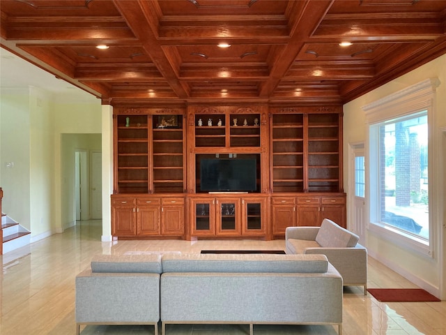 2709 Flores Bayou Bridge Rd, Angleton, TX 77515 - living area with wood ceiling, built in shelves, baseboards, recessed lighting, and crown molding