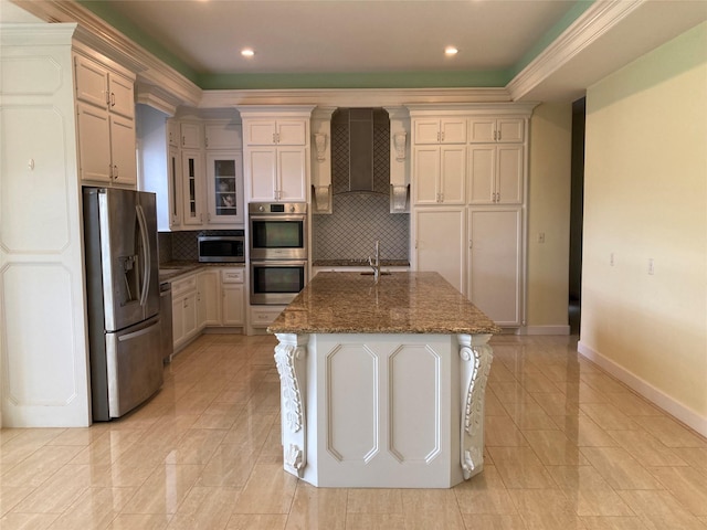 2709 Flores Bayou Bridge Rd, Angleton, TX 77515 - kitchen featuring stainless steel appliances, premium range hood, decorative backsplash, baseboards, and dark stone countertops