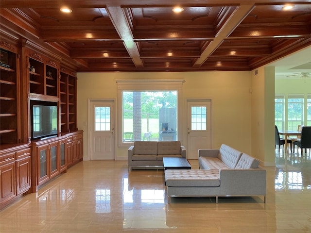 2709 Flores Bayou Bridge Rd, Angleton, TX 77515 - living area with coffered ceiling, healthy amount of natural light, wood ceiling, crown molding, and recessed lighting