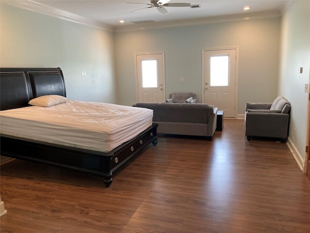2709 Flores Bayou Bridge Rd, Angleton, TX 77515 - bedroom with crown molding, recessed lighting, baseboards, wood finished floors, and ceiling fan