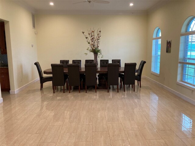 2709 Flores Bayou Bridge Rd, Angleton, TX 77515 - dining area featuring baseboards, ceiling fan, recessed lighting, and ornamental molding