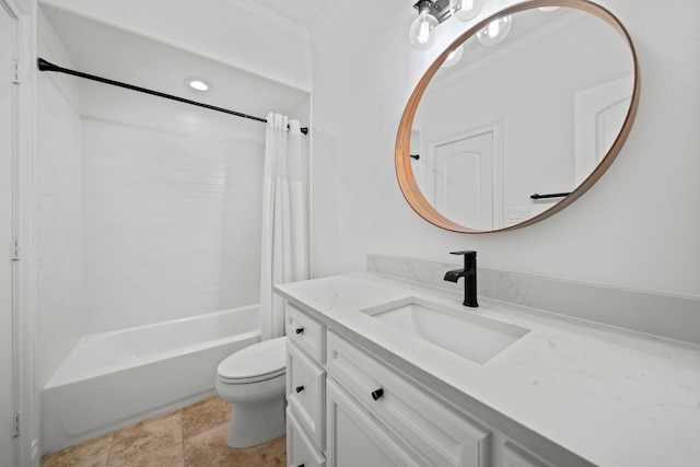 3 Amulet Oaks Pl, The Woodlands, TX 77382 - bathroom featuring toilet, crown molding, vanity, and shower / bath combination with curtain