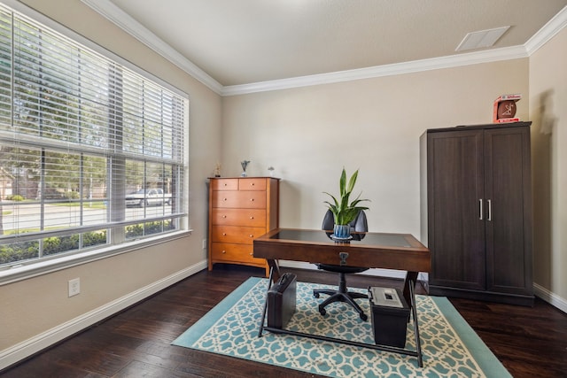 15314 Ashbrook Dove Ln, Cypress, TX 77429 - office featuring baseboards, ornamental molding, and dark wood finished floors