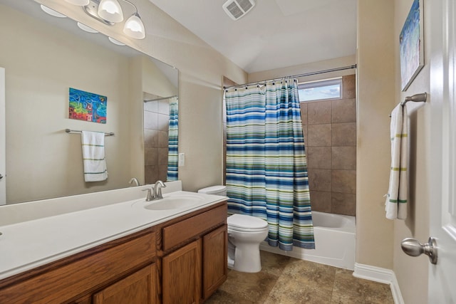 15314 Ashbrook Dove Ln, Cypress, TX 77429 - bathroom featuring vanity, toilet, shower / bath combo, vaulted ceiling, and baseboards