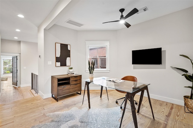 1728 Nicholson St, Houston, TX 77008 - office space featuring baseboards, recessed lighting, light wood-style floors, and a ceiling fan