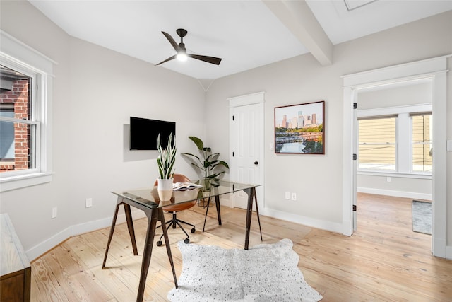 1728 Nicholson St, Houston, TX 77008 - office featuring ceiling fan, light wood finished floors, baseboards, and beam ceiling