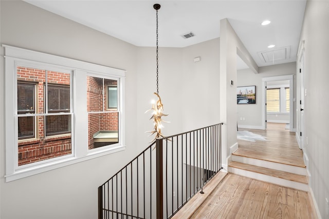 1728 Nicholson St, Houston, TX 77008 - corridor with attic access, wood finished floors, recessed lighting, baseboards, and an upstairs landing