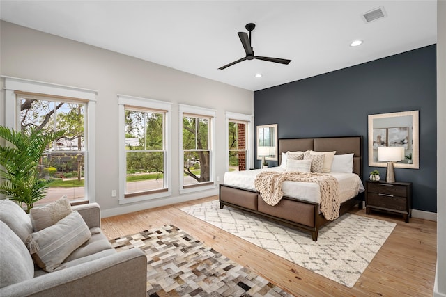 1728 Nicholson St, Houston, TX 77008 - bedroom featuring baseboards, recessed lighting, light wood-type flooring, and a ceiling fan