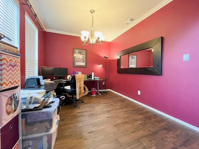20223 Benton Springs Ln, Richmond, TX 77407 - office with ornamental molding, a chandelier, wood finished floors, and baseboards