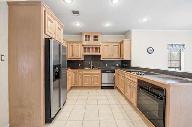 25187 Hill And Dale Ave, Splendora, TX 77372 - kitchen with black appliances, light brown cabinetry, ornamental molding, a peninsula, and tasteful backsplash