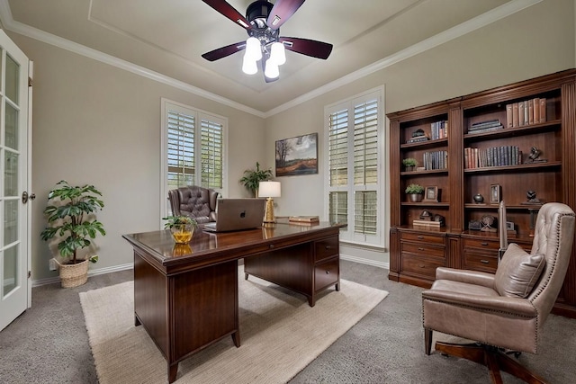 12119 Bayou Junction Rd, Cypress, TX 77433 - carpeted home office featuring ceiling fan, baseboards, and crown molding