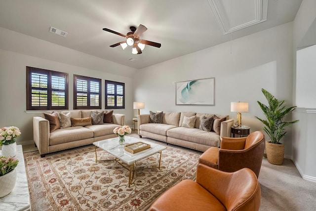 12119 Bayou Junction Rd, Cypress, TX 77433 - living room with attic access, a ceiling fan, baseboards, and carpet flooring