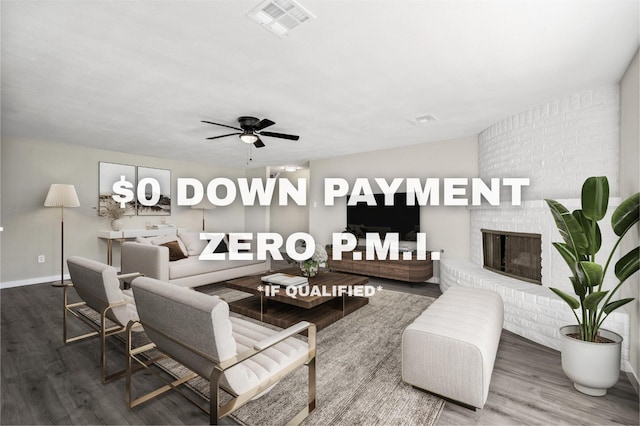 9110 Vickijohn Dr, Houston, TX 77031 - living room with wood finished floors, baseboards, a fireplace, and ceiling fan