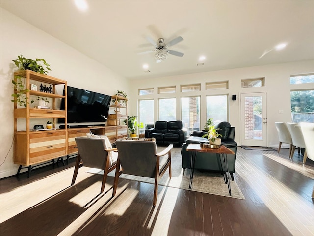 2507 Elmwood Trl, Katy, TX 77493 - living room with dark wood finished floors, a ceiling fan, and recessed lighting