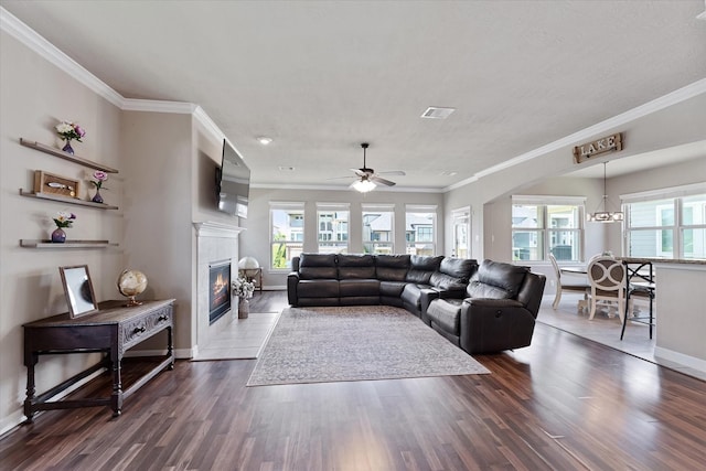 10744 S Lake Mist Ln, Willis, TX 77318 - living area with healthy amount of natural light, dark wood-style floors, a fireplace, baseboards, and ornamental molding