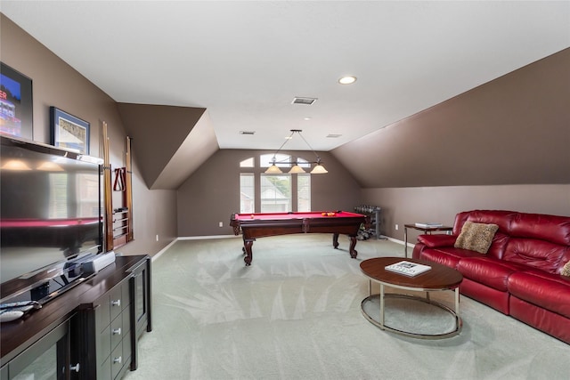 5819 Desert Oak Way, Spring, TX 77379 - playroom featuring baseboards, light colored carpet, lofted ceiling, billiards, and recessed lighting