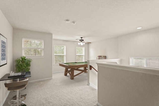6010 Twin Crk, Missouri City, TX 77459 - recreation room featuring carpet flooring, baseboards, a ceiling fan, a textured ceiling, and pool table