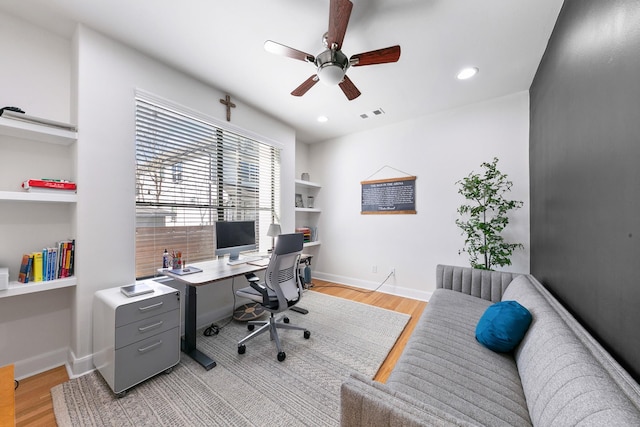 4301 Vivian St, Bellaire, TX 77401 - office with light wood finished floors, a ceiling fan, baseboards, and recessed lighting