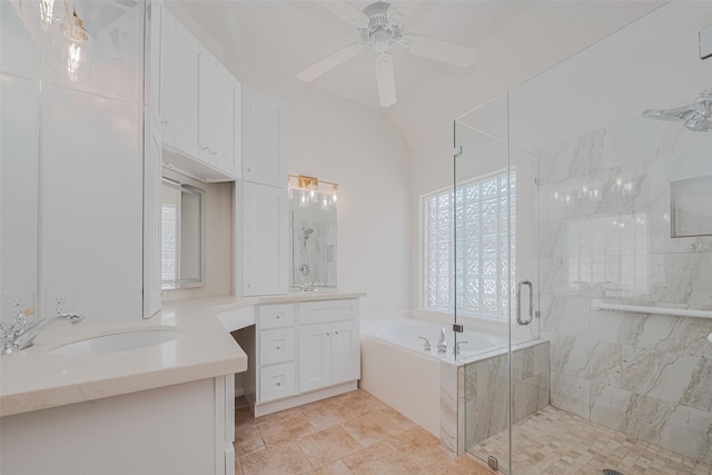 11606 Canyon Breeze Dr, Tomball, TX 77377 - bathroom with two vanities, a bath, a stall shower, and ceiling fan